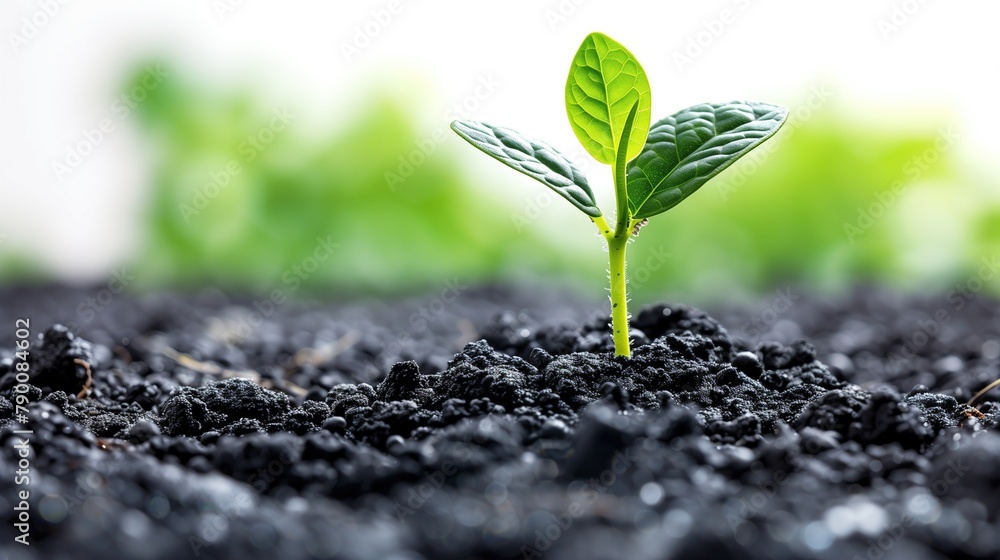 close up of young green plant growing out of black soil, World ...