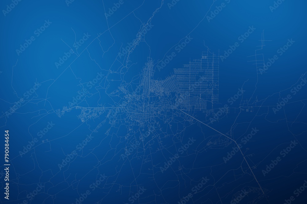 Stylized map of the streets of Kandahar (Afghanistan) made with white lines on abstract blue background lit by two lights. Top view. 3d render, illustration