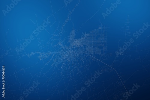 Stylized map of the streets of Kandahar (Afghanistan) made with white lines on abstract blue background lit by two lights. Top view. 3d render, illustration photo