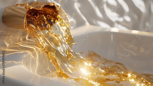 Surealistic, fantasy, molten gold flow from  faucet,crafting higher fashion effortlessly. photo