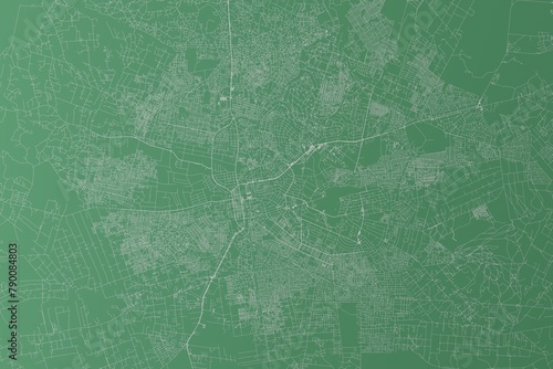 Stylized map of the streets of Lusaka (Zambia) made with white lines on green background. Top view. 3d render, illustration