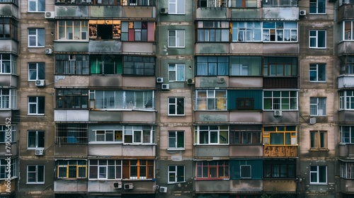 Soviet block house windows. Old urban building concept. Soviet architectural structure photo