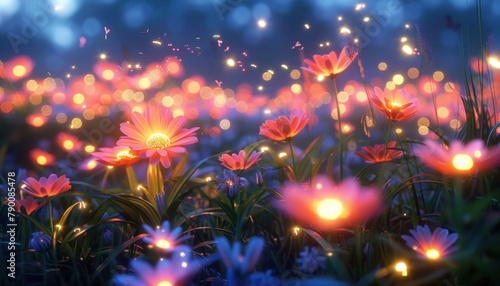 Field of flowers with fireflies fluttering around at night