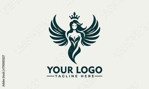 Simple Angel Logo of a beautiful female goddess of wisdom with wings, a crown © syahed