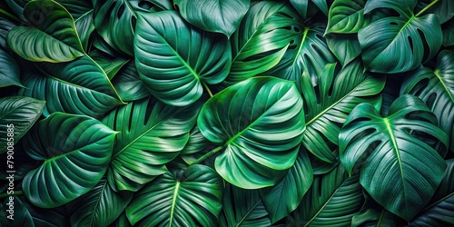 Lush green leaves flat lay, creating a vibrant pattern as a backdrop of the tropical jungle.