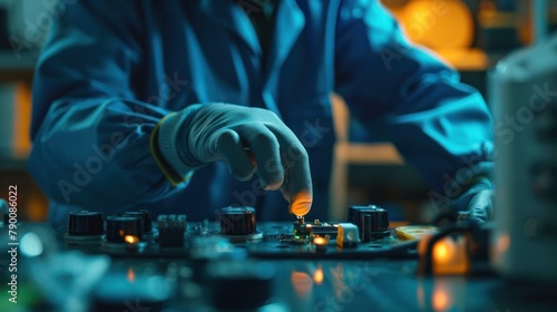 electrical engineer testing a new type of battery, their hands carefully adjusting the settings to optimize performance