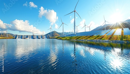 Wind turbines by the lake in a natural landscape under the daytime sky © ЮРИЙ ПОЗДНИКОВ