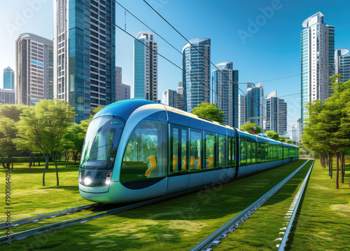 A light rail train with an exterior in shades of blue and green, passing through lush parklands along the city's streets.