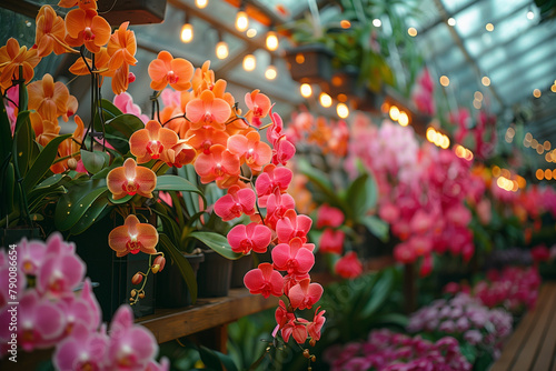 A greenhouse bursting with vibrant pink and orange flowers orchids in full bloom