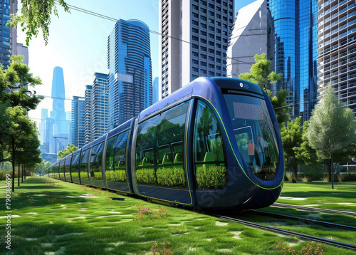 Fototapeta Naklejka Na Ścianę i Meble -  A light rail train with an exterior in shades of blue and green, passing through lush parklands along the city's streets.