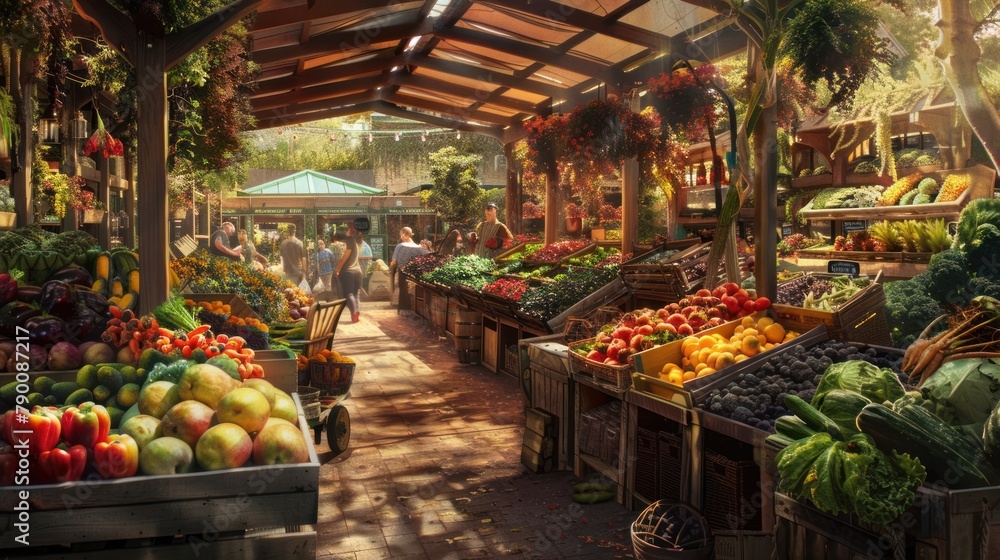 view of a farmer's market, overflowing with fresh produce and the vibrant energy of local agriculture