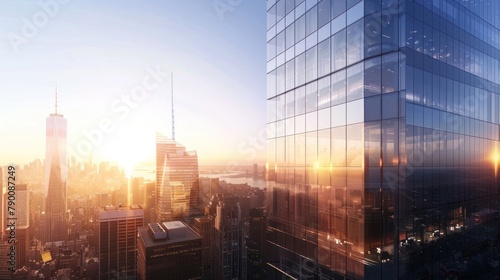 A panoramic view of a newly completed skyscraper  its gleaming facade reflecting the city skyline