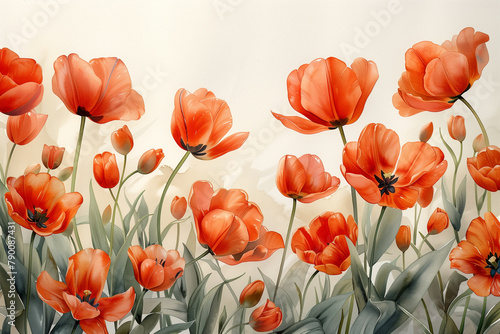 A painting featuring vibrant red flowers set against a crisp white background copy space #790087431