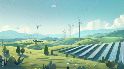 Renewable energy landscape with wind turbines and solar panels set in a scenic field, harnessing natural resources for sustainable power