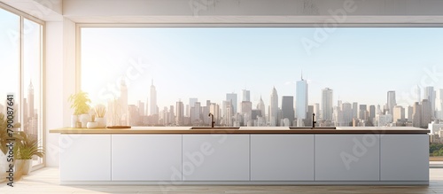 Kitchen overlooking urban skyline