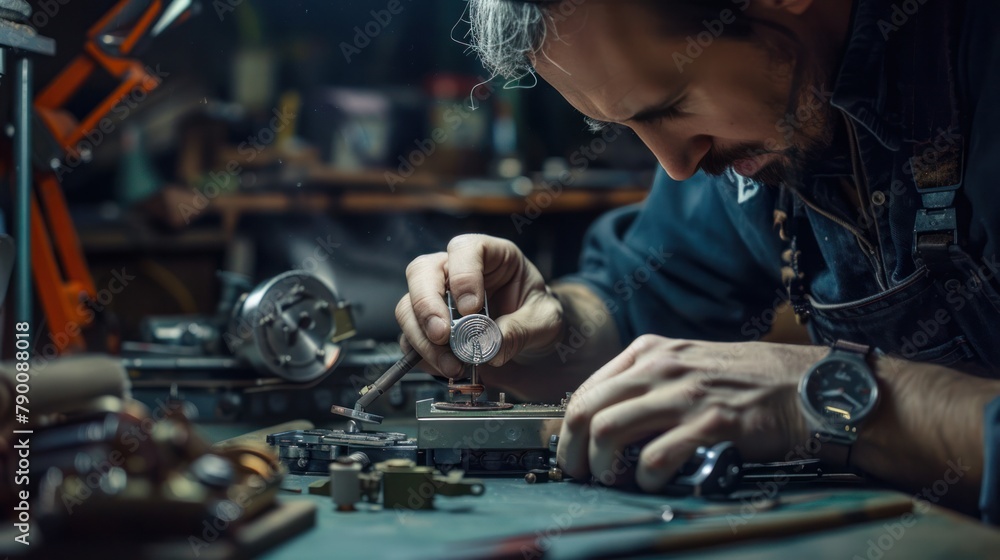 engineer's hands carefully assembling an intricate device, their helmet casting a shadow over their work. engineer's hands carefully assembling an intricate device, their helmet casting a shadow over their work.
