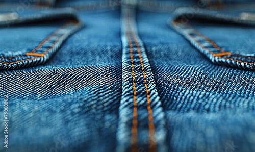 A detailed close-up view of a pair of blue jeans. 