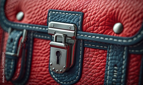 A detailed close-up view of a red purse with a lock. 