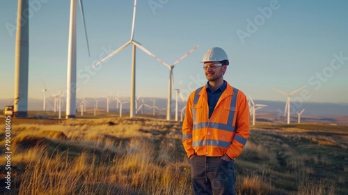 A renewable energy engineer standing amidst a field of wind turbines, smiling proudly at their contribution to sustainability