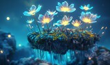 Illustrate the otherworldly beauty of a floating island adorned with rare, luminescent flowers using digital photorealistic techniques