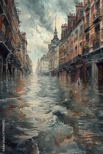 Watercolor painting of a flooded street featuring buildings and waterlogged surroundings vertical photo