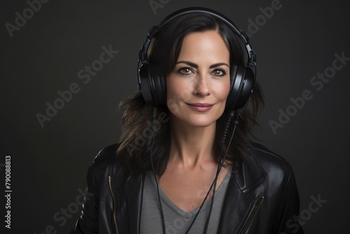 Photo of a middle aged woman with dark hair wearing headphones