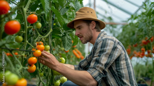 Farmer inspecting ripe tomatoes in a greenhouse