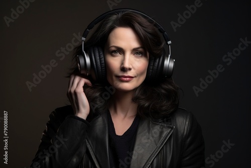 Photo of a middle aged woman with dark hair wearing headphones