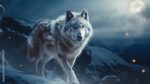 A majestic wolf standing in a snowy mountain landscape