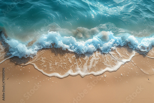 A top-down view of waves crashing onto an empty sandy beach summer