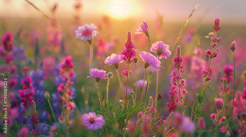 Pink, purple & green wildflowers sway in a gentle breeze. Pastel spring blooms. Perfect for spring designs. wallpaper background. 