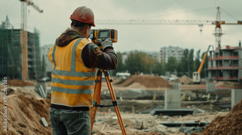 surveyor using a level to ensure the precise alignment of a construction project