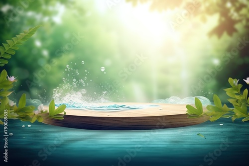 Circular platform, round podium for product display in pond with calm and clear blue water. Showcase in outdoor spring nature background with copy space.