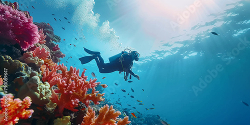 scuba diving in tropical ocean coral reef sea under water, scuba diver, diver, swim, caribbean, fiji, maldives, snorkel, marine life, aquatic, aqua blue, dive, travel, tourism 