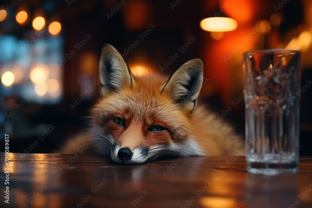Obraz premium Drinking fox with alcohol in a pub.