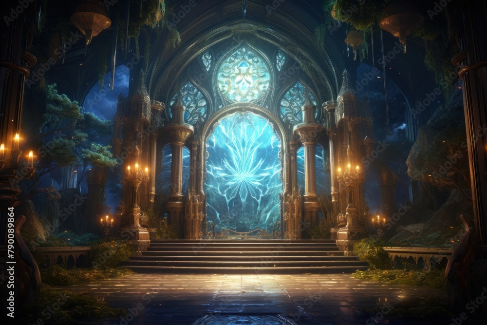 Naklejka premium Mysterious portal, halloween magic door in the dark forest.
