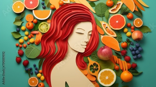 Beautiful woman with fresh fruits  healthy food. Paper cut style background.