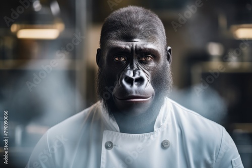 Gorilla as a chef cook in a restaurant kitchen.