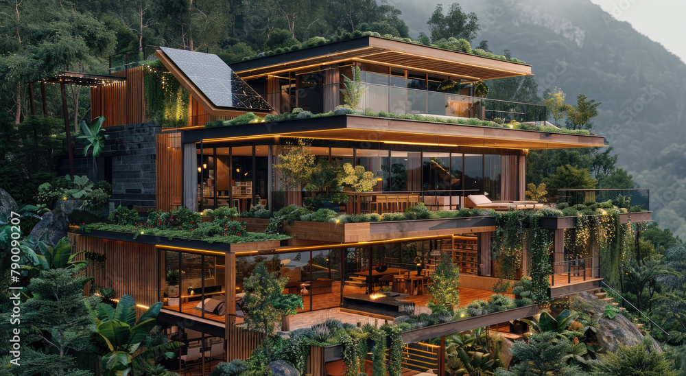 modern architecture house in the mountains, green roof and walls, solar panels on top of the mountain with forest around it