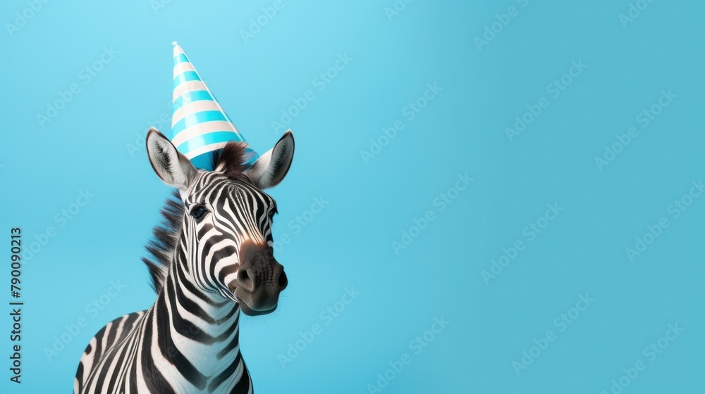 Fototapeta premium Funny zebra with birthday party hat on blue background.
