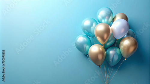 Colorful balloons drift against a bright blue background