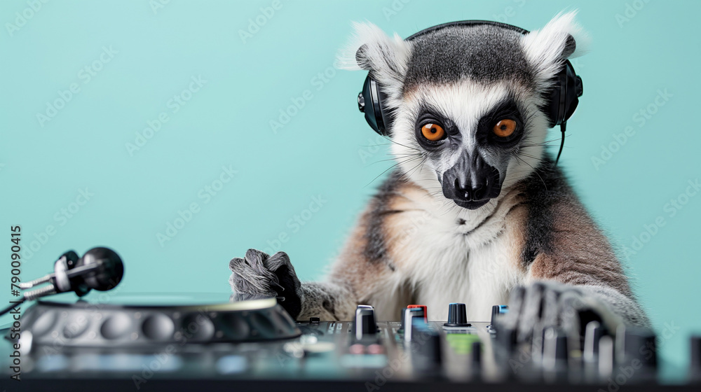 Obraz premium DJ lemur with headphones and turntable.