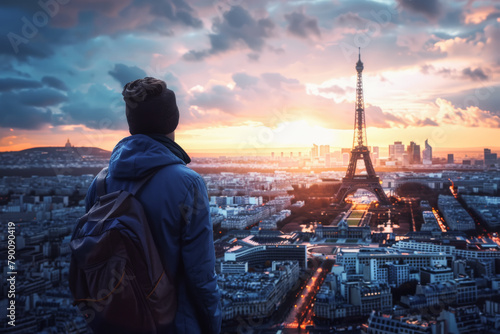 chico joven de espaldas con mochila y gorro  frente a la ciudad de Paris al atardecer, observado la Torre Eiffel