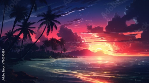 Tropical beach with palm trees. Retrowave landscape background.