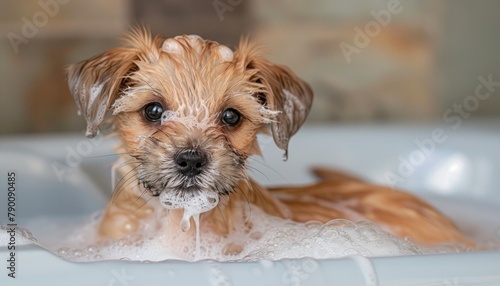 Small brown Terrier dog enjoying a bath in a bathtub