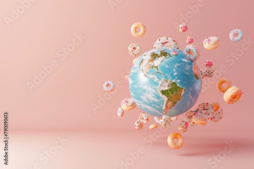 Earth globe with donuts all over around it. AI generative art