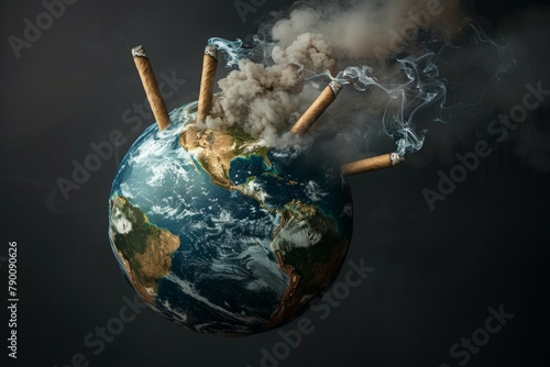 Earth globe with burning cigarette with smoke. Ai generative art