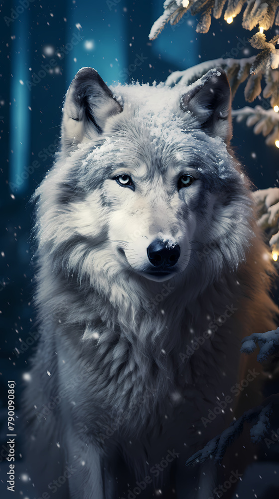 Fototapeta A majestic wolf standing in a snowy mountain landscape