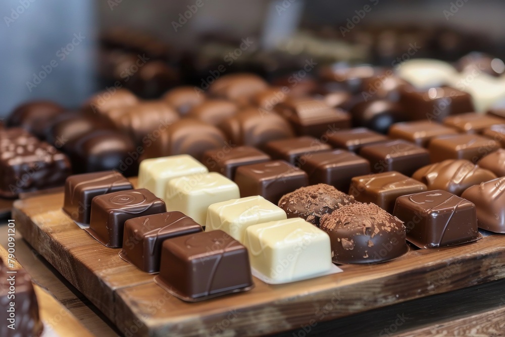 Wooden cutting board with a variety of chocolates, a sweet dessert display Wooden cutting board with a variety of chocolates, a sweet dessert display