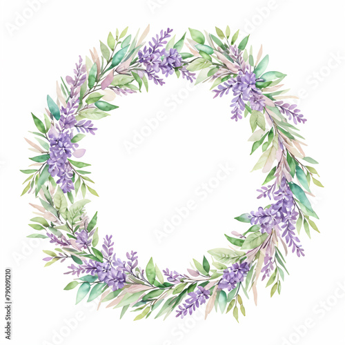 Watercolor Lilac, Lilac flower wreath laurel. Decoration for weddings, wedding design, wedding invitation, Mother's day card.